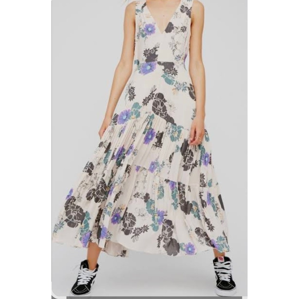Free People Floral V-Neck Tiered Maxi Dress Sleeveless Open Back Cream Multi